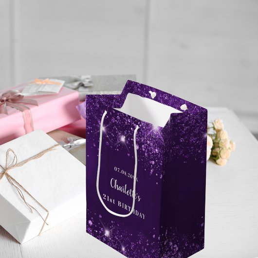 Verjaardag paarse glitter medium cadeauzakje