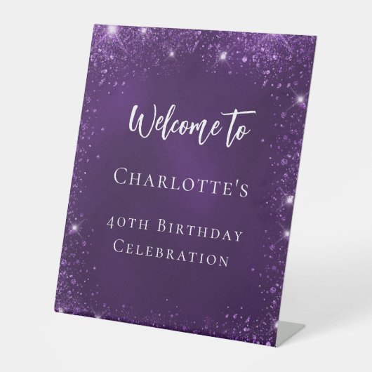 Verjaardag paarse glitter schittert welkom reclamebord met voetstuk (Voorkant)