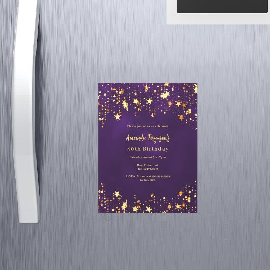 Verjaardag paarse gouden sterren luxe magnetische uitnodiging