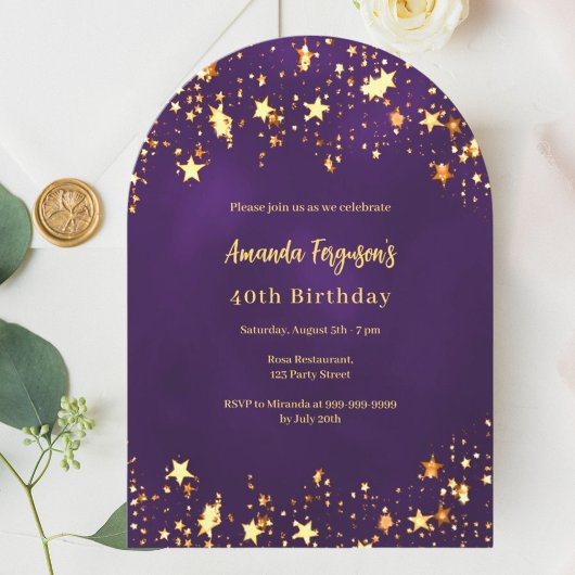 Verjaardag paarse gouden sterrenboog kaart