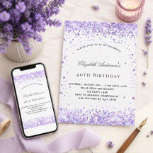 Verjaardag paarse lavendel glitterscript elegant