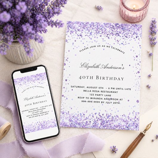 Verjaardag paarse lavendel glitterscript elegant kaart