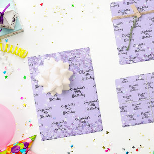 Verjaardag paarse lavendel glitterspul naam inpakpapier vel