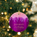 Verjaardag paarse roze glitter dank u keramisch ornament<br><div class="desc">Elegant, klassiek, glamoureus en meisje voor een 21e (of om het even welke leeftijd) verjaardag. Een paarse chic met een metalen achtergrond die op de folie lijkt. De tekst: 21ste verjaardag en Dank u, geschreven met een modern hand geschreven stijlmanuscript. Gedecormeerd met regenboogkleurige faux glitterdruppels, ziet het druppelen er paars...</div>