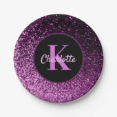 Verjaardag paarse roze glitters monogram luxe papieren bordje (Voorkant)