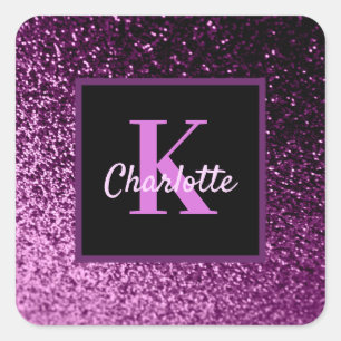 Verjaardag paarse roze glitters monogram luxe  vierkante sticker