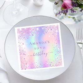 Verjaardag paarse roze holografische naam servet