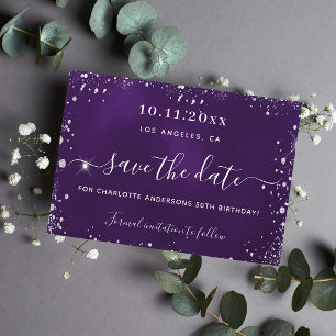 Verjaardag paarse zilveren glitter bewaar datum save the date