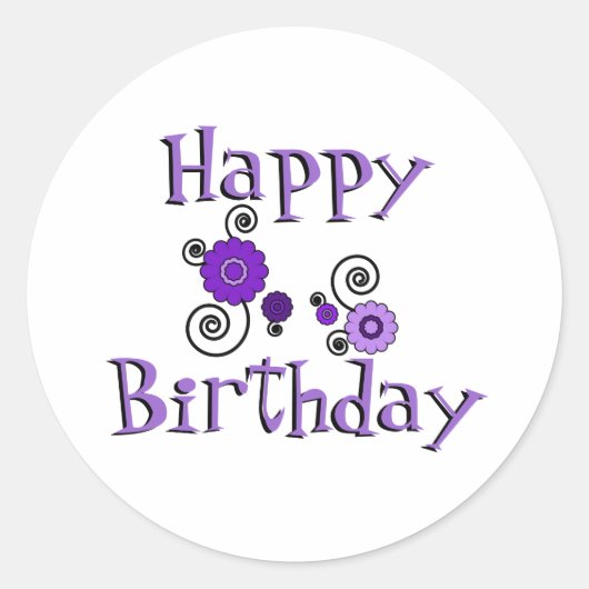Verjaardag, paarse & zwarte bloemen, witte achterg ronde sticker (Voorkant)
