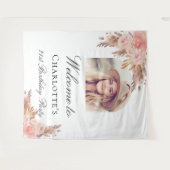 Verjaardag pampas gras blush roze gouden boog foto wandkleed (Voorkant (horizontaal))