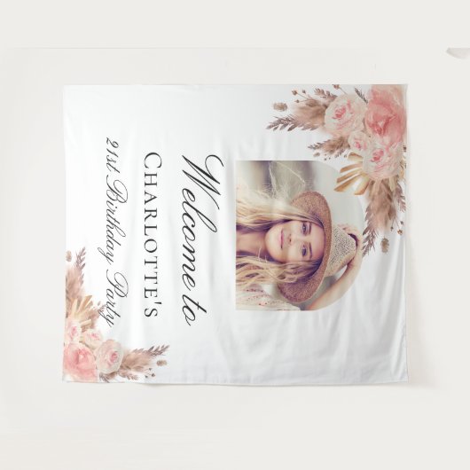 Verjaardag pampas gras blush roze gouden boog foto wandkleed (Voorkant (horizontaal))