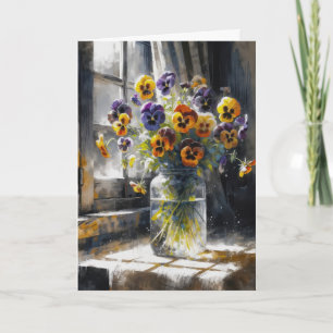 Verjaardag Pansy boeket in glazen pot Kaart