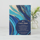 Verjaardag Party-Abstract Flow Art- Blauw en Goud- Kaart (Staand voorkant)