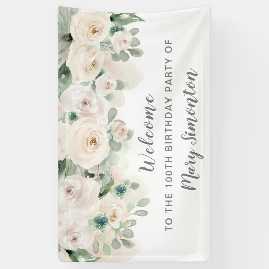 Verjaardag Party Banner 100th White Rose Bloemen (Verticaal)