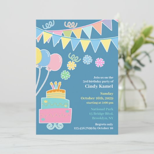 Verjaardag Party Cake Flat Uitnodiging (Staand voorkant)