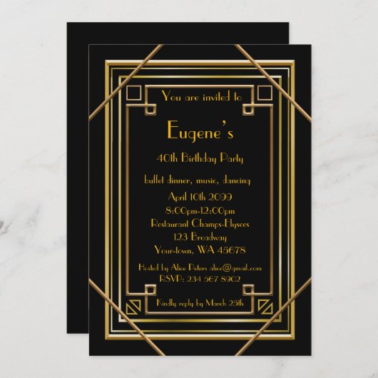 Verjaardag Party man, gouden Gatsby stijl, zwart Kaart (Voorkant / Achterkant)