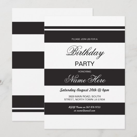 Verjaardag Party Stripe Zwart & Wit Uitnodigen 30 Kaart (Voorkant / Achterkant)