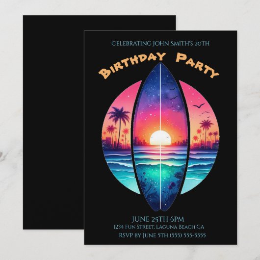 Verjaardag Party-Surfboard in een zonsondergang Kaart (Voorkant / Achterkant)