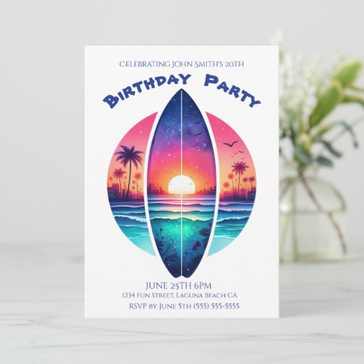 Verjaardag Party-Surfboard in een zonsondergang Kaart (Staand voorkant)