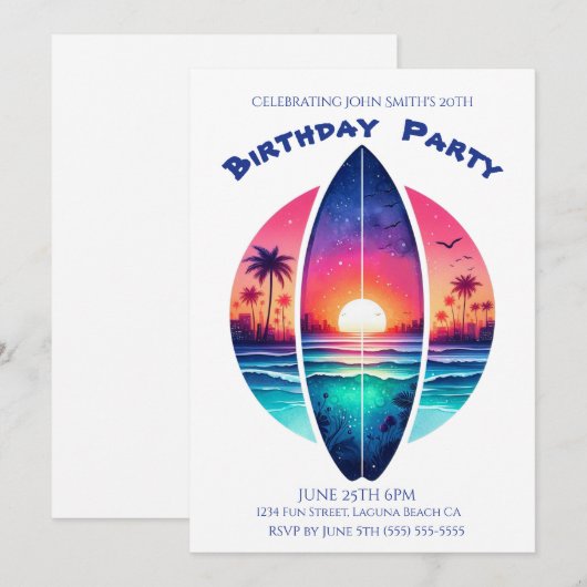 Verjaardag Party-Surfboard in een zonsondergang Kaart (Voorkant / Achterkant)
