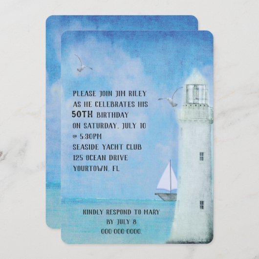 Verjaardag Party-zeilboot en oceaan vuurtoren Kaart (Voorkant / Achterkant)