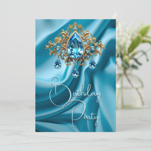 Verjaardag Party Zijde Poeder Blauw juweel Goud Kaart (Staand voorkant)