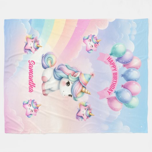Verjaardag Pastel Eenhoorn Deken voor Meisje (Voorkant (Horizontaal))