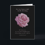 Verjaardag, Pastor's Wife, Roze roos op zwart Kaart<br><div class="desc">Deze mooie volledig open roze roos op een zwarte achtergrond maakt een mooie verjaardagskaart. De kaart is ontworpen voor de vrouw van een voorganger en heeft een religieus vers erin. Een oud en sentimenteel Zweeds spreekwoord maakt het afbeelding van de omslag compleet: als ik een roos had voor elke keer...</div>
