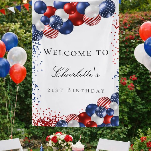 Verjaardag patriottische rode witte blauwe ballonn spandoek