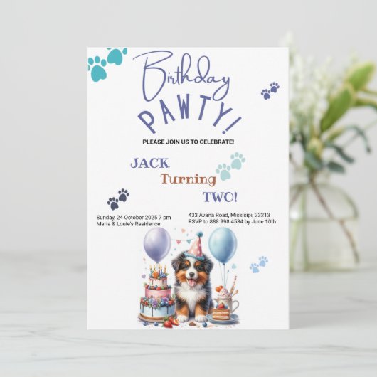 Verjaardag Pawty Australische Herder Hond Verjaard Kaart (Staand voorkant)