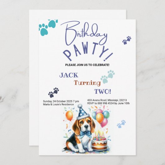 Verjaardag Pawty Beagle Dog Gepersonaliseerde Verj Kaart (Voorkant / Achterkant)