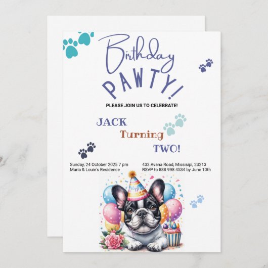 Verjaardag Pawty Franse Bulldog hond Verjaardag Kaart (Voorkant / Achterkant)