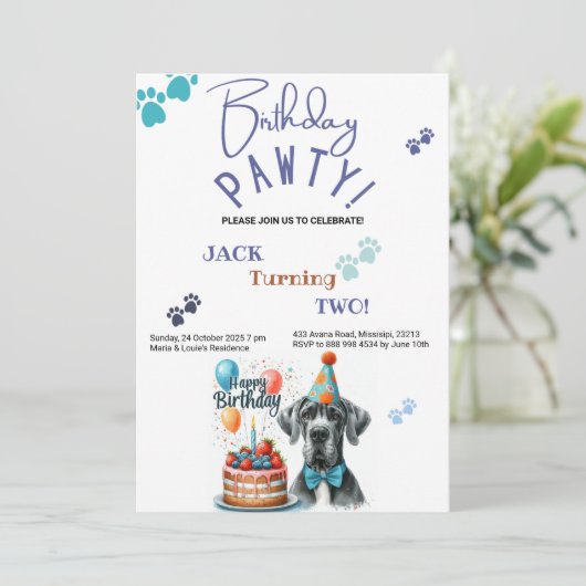 Verjaardag Pawty Grote Dane Hond Verjaardag Kaart (Staand voorkant)