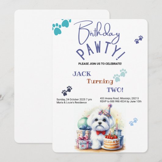 Verjaardag Pawty Maltese Hond Gepersonaliseerde Ve Kaart (Voorkant / Achterkant)