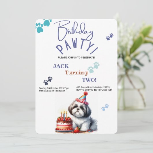 Verjaardag Pawty Shih Tzu hond gepersonaliseerde v Kaart (Staand voorkant)
