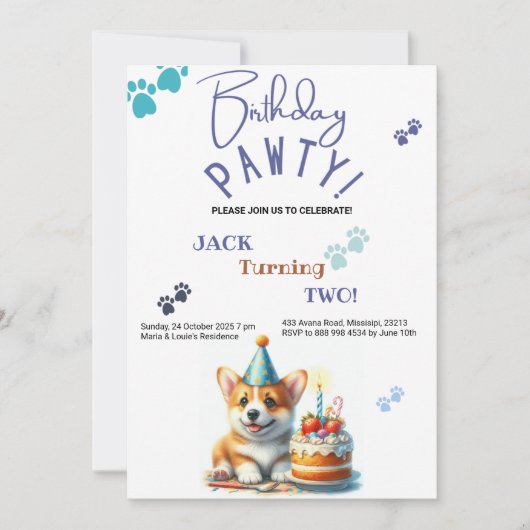 Verjaardag Pawty Welsh Corgi Dog Gepersonaliseerd  Kaart (Voorkant)