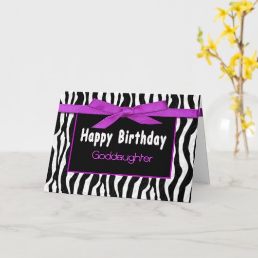 Verjaardag, Peetdochter, ZEBRA, BOOG FUSCHIA Kaart (Gele Bloem)