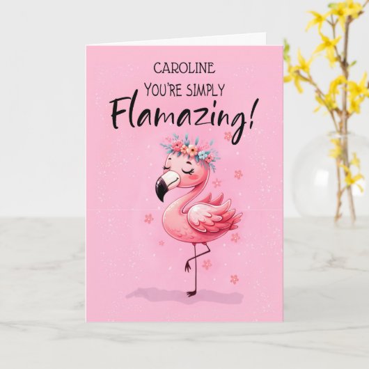 Verjaardag personaliseren met Flamingo Fabulous Fu Kaart (Gele Bloem)