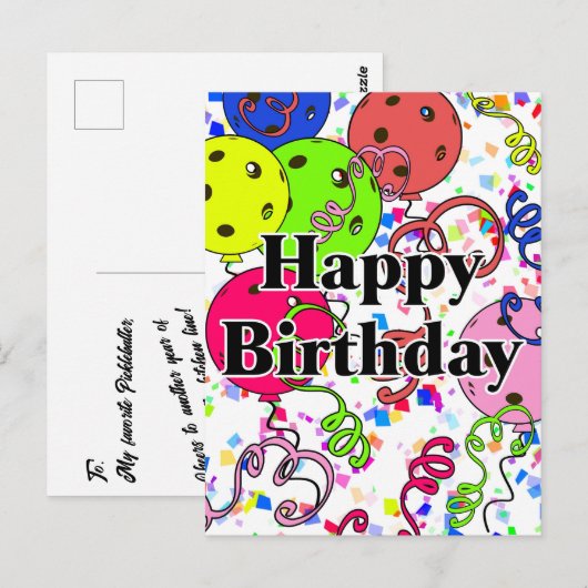 Verjaardag Pickleball Ballonnen Confetti Wit Briefkaart (Voorkant / Achterkant)