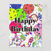 Verjaardag Pickleball Ballonnen Confetti Wit Briefkaart (Voorkant)
