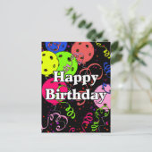 Verjaardag Pickleball Ballonnen Confetti Zwart Briefkaart (Staand voorkant)
