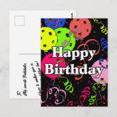 Verjaardag Pickleball Ballonnen Confetti Zwart Briefkaart (Voorkant / Achterkant)