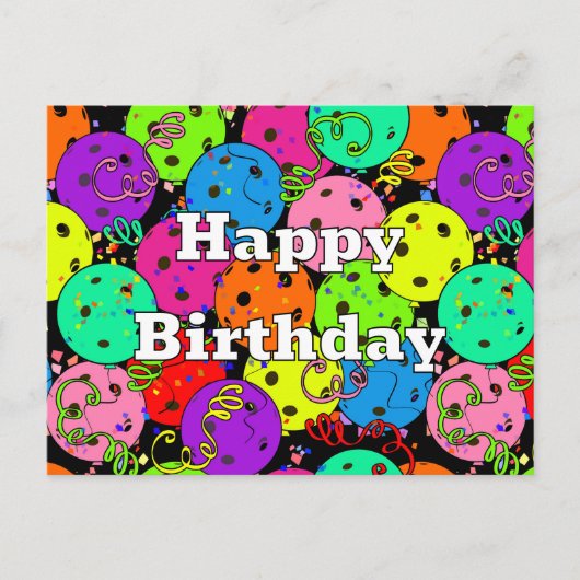 Verjaardag Pickleball Ballonnen Confetti Zwart Briefkaart (Voorkant)