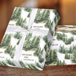 Verjaardag Pine Tree Forest Groene Naam Cadeaupapier