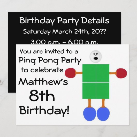 Verjaardag Ping Pong Party Uitnodiging (Voorkant / Achterkant)