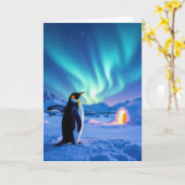 Verjaardag Pinguïn Onder Noorderlicht Kaart (Gele Bloem)