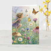 Verjaardag Pixie met Vlinders in een Tuin Kaart (Gele Bloem)