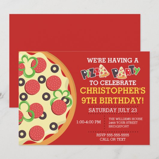 Verjaardag Pizza Party Invite Kaart (Voorkant / Achterkant)