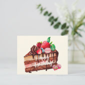 Verjaardag plak aardbeien chocolade cake briefkaart (Staand voorkant)