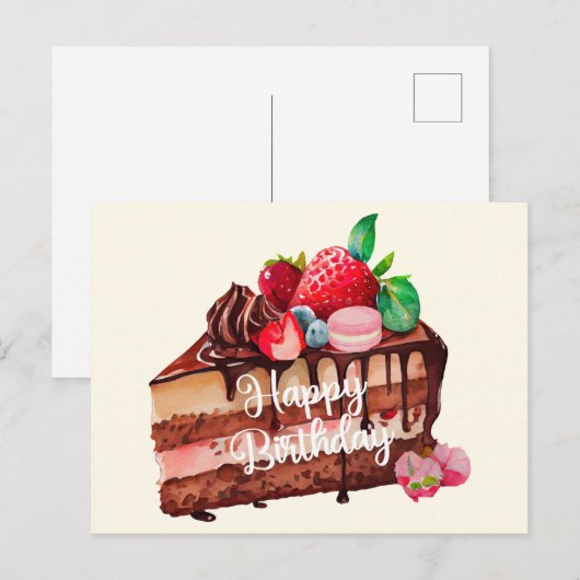 Verjaardag plak aardbeien chocolade cake briefkaart (Voorkant / Achterkant)